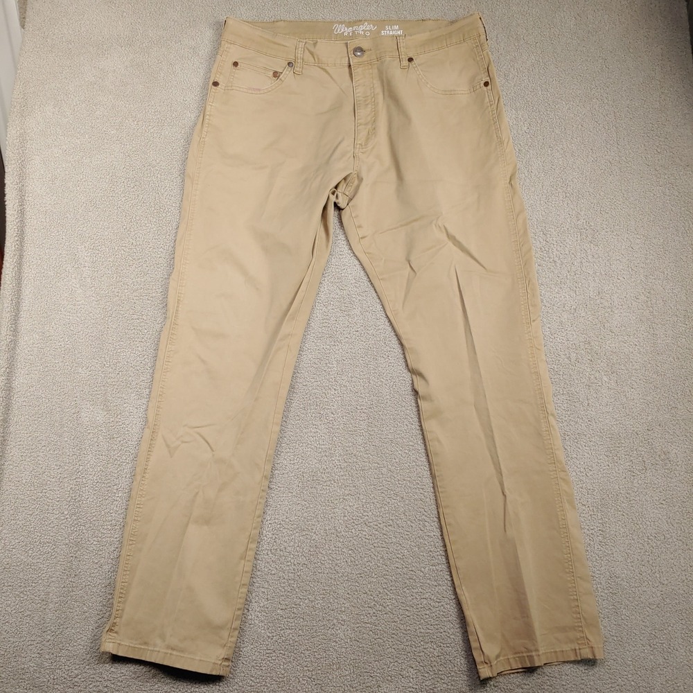 Wrangler Retro Slim Straight - Men 38x33 Tan Khaki Stretch Cotton Blend Pants